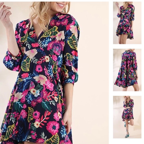 Umgee Dresses & Skirts - Umgee | Navy Pink Floral Hi Lo Swing Dress M